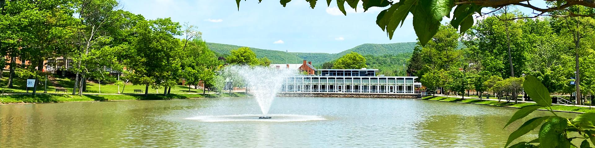 The Slep Student Center overlooking the Reflecting Pond and fountain